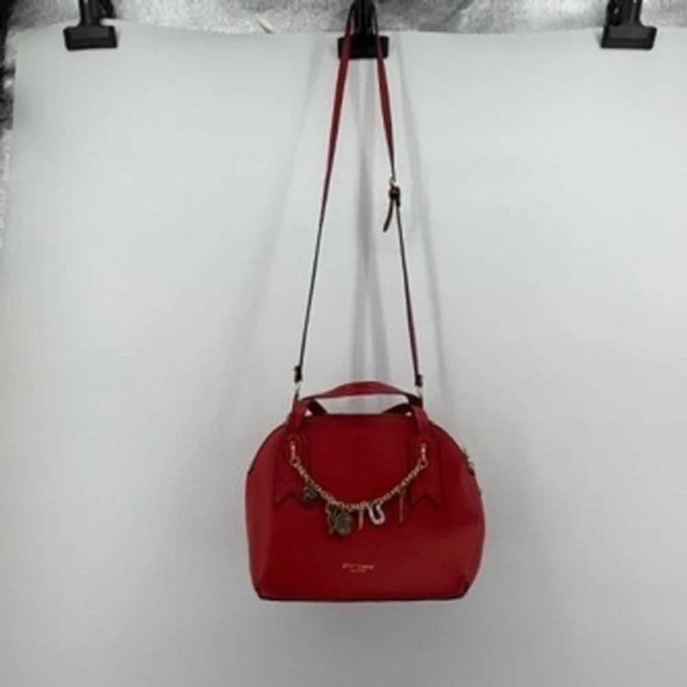 Betsey Johnson Red Satchel Bag with Charms‎ Top Handle Crossbody Gold Hardware
